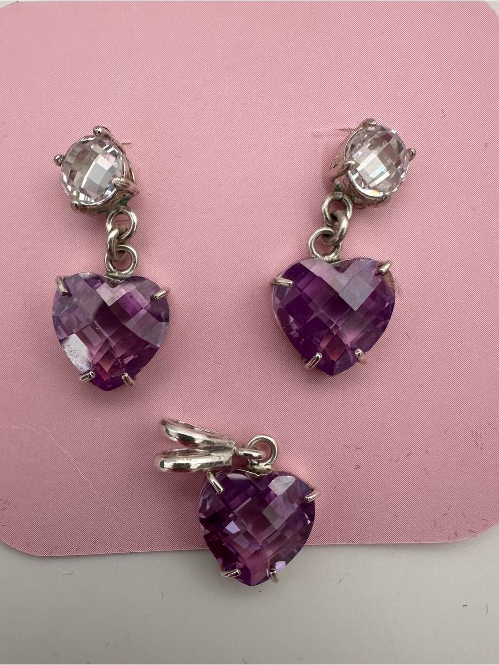 Silver 950 Heart Drop Jewelry Set with Purple Crystal Hearts